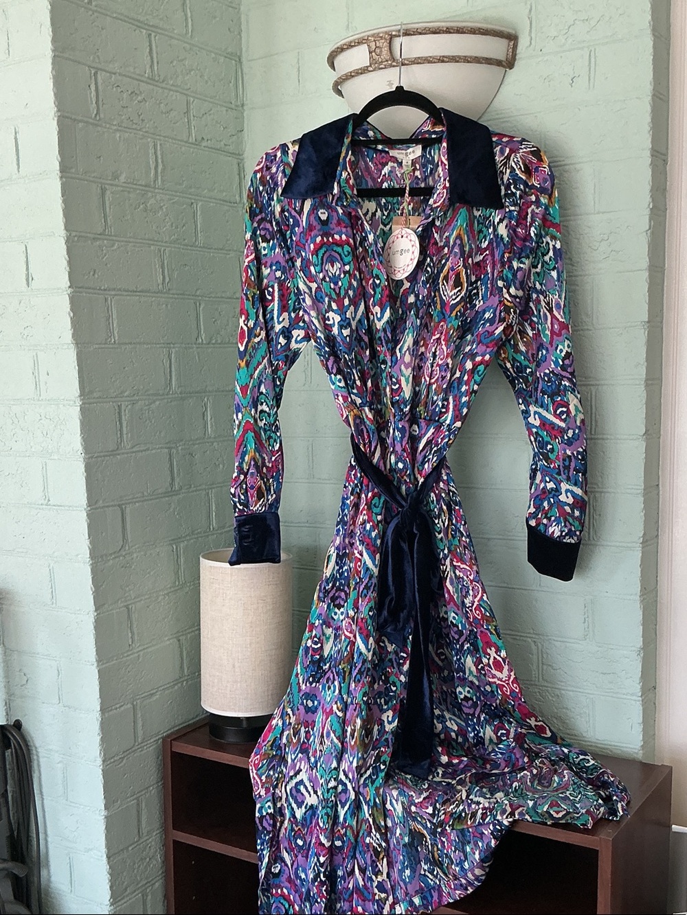 Umgee Multicolor Maxi Satin Shirt Dress with Navy Velvet Trim